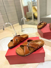 VALENTINO 26S CROSS STRAP SANDALS IN BROWN GLOSSY LEATHER AND SUEDE