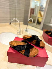 VALENTINO 26S CROSS STRAP SANDALS IN BLACK VELVET MIX BROWN SUEDE