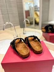 VALENTINO 26S CROSS STRAP SANDALS IN BLACK VELVET MIX BROWN SUEDE