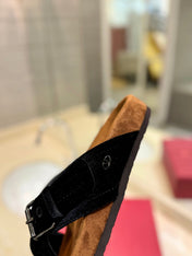 VALENTINO 26S CROSS STRAP SANDALS IN BLACK VELVET MIX BROWN SUEDE