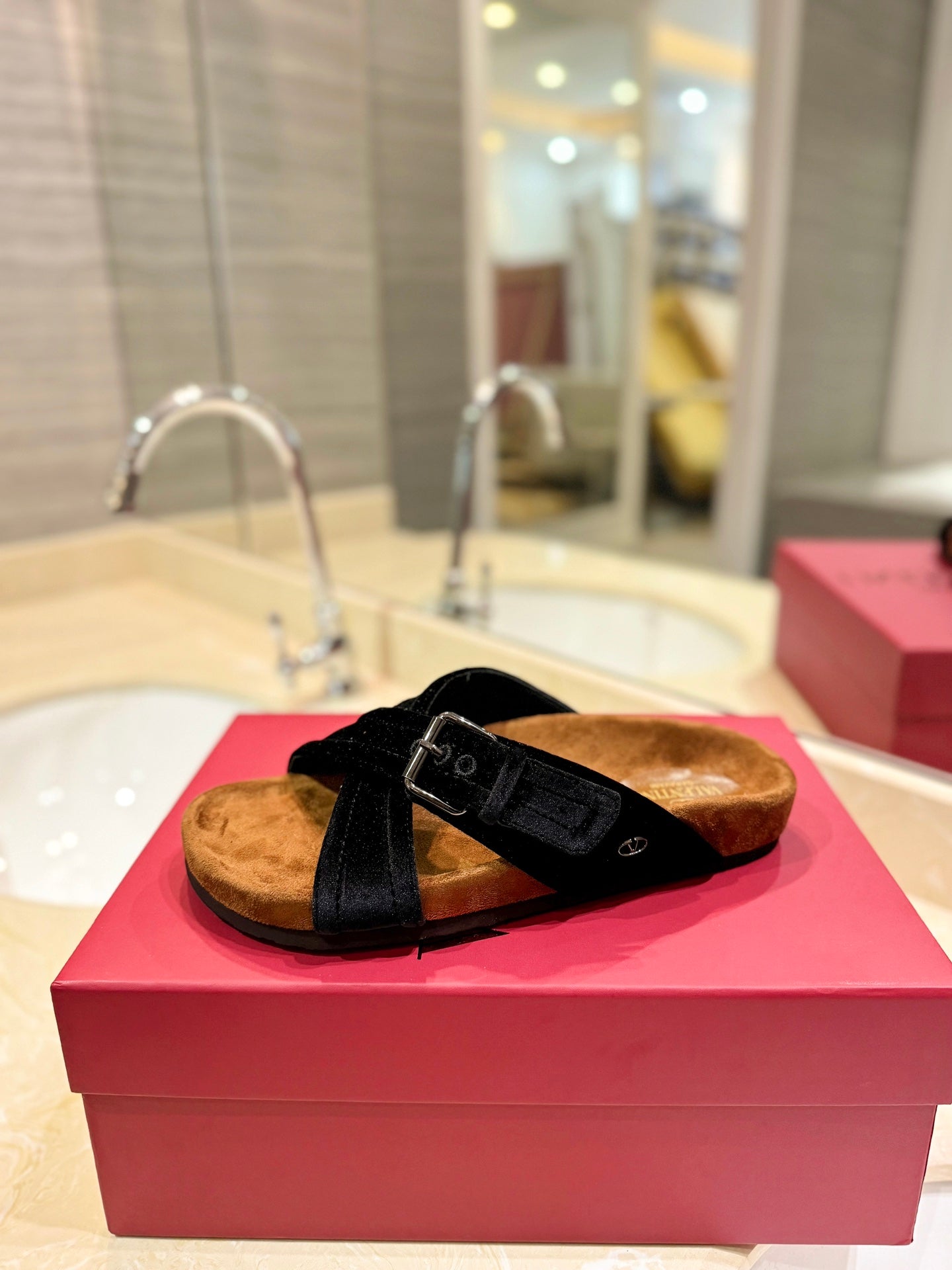 VALENTINO 26S CROSS STRAP SANDALS IN BLACK VELVET MIX BROWN SUEDE