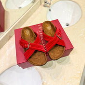 VALENTINO 26S CROSS STRAP SANDALS IN RED VELVET MIX BROWN SUEDE