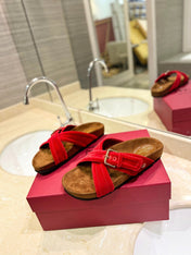 VALENTINO 26S CROSS STRAP SANDALS IN RED VELVET MIX BROWN SUEDE