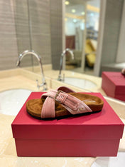 VALENTINO 26S CROSS STRAP SANDALS IN LIGHT PINK VELVET MIX BROWN SUEDE