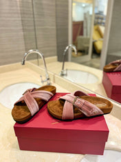 VALENTINO 26S CROSS STRAP SANDALS IN LIGHT PINK VELVET MIX BROWN SUEDE