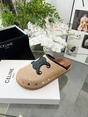 CELINE 26S TRIOMPHE MULES IN BEIGE RAFFIA AND BLACK CALFSKIN