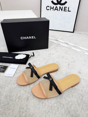 CHANEL 26S SLIDE SANDALS IN BEIGE MESH AND CALFSKIN WITH BLACK RIBBON