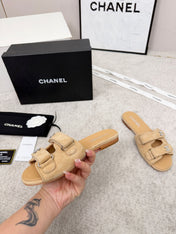 CHANEL 26S DOUBLE STRAP SLIDE SANDALS IN BEIGE SUEDE AND CALFSKIN
