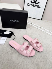 CHANEL 26S DOUBLE STRAP SLIDE SANDALS IN PINK CALFSKIN