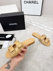 CHANEL 26S DOUBLE STRAP SLIDE SANDALS IN BEIGE CALFSKIN