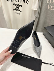 SL NOUR LEOPARD POINT TOE BALLET BLACK CRYSTAL SATIN