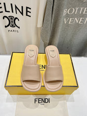 FENDI BAGUETTE MEDIUM-HEEL SANDALS 45 MM IN BISQUE BEIGE CALFSKIN