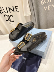 PRA STRAP SLIDES SANDALS BLACK CALFSKIN