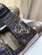PRA CROCODILE LEATHER MOTIF SANDALS BLACK AND LAPIS CALFSKIN