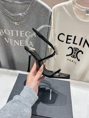 HIGH HEEL SANDALS IN BLACK GLOSSY CALFSKIN WTH STRAPS ATTACHED GEM