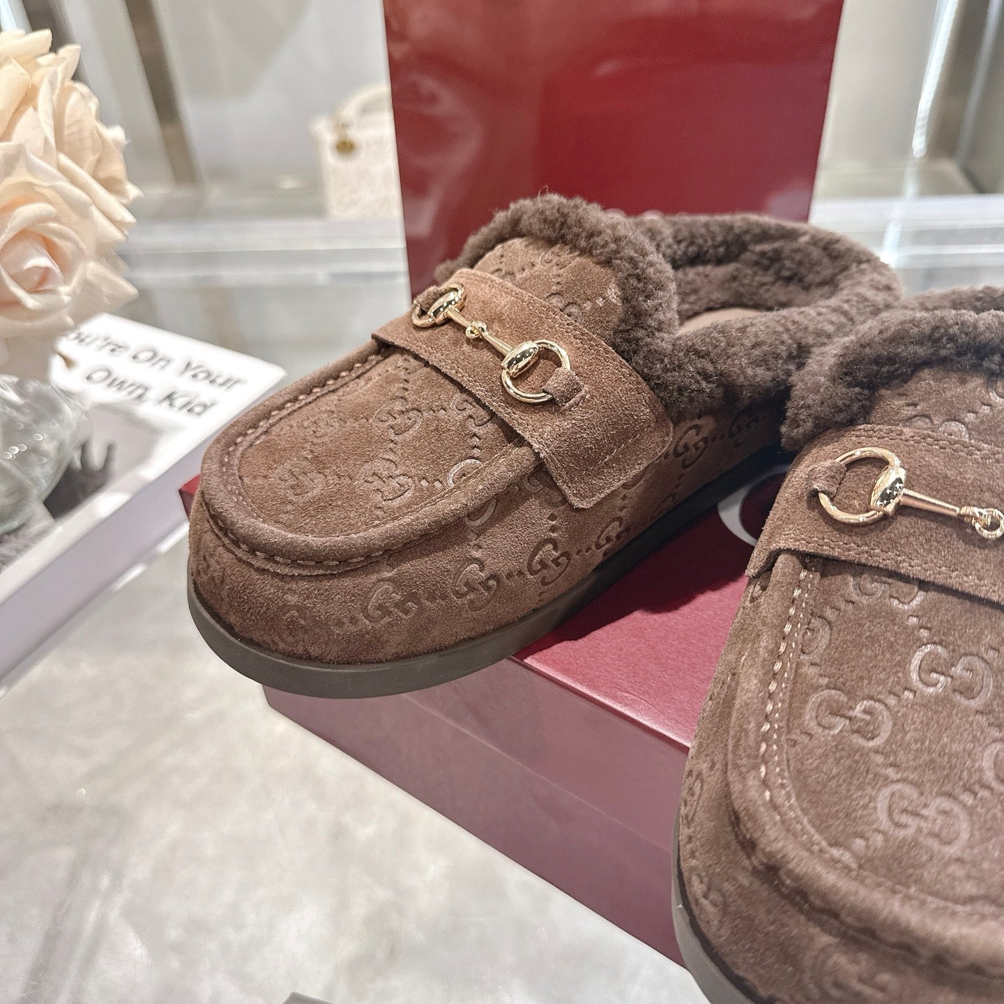 GUCCI 26S MULES IN DARK BROWN SUEDE GG LOGO PATTERN