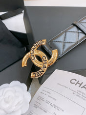 DOUBLE C BELT 40MM IN BLACK QUILTED LAMBSKIN GOLD BUCKLE EMBOSSED LOGO