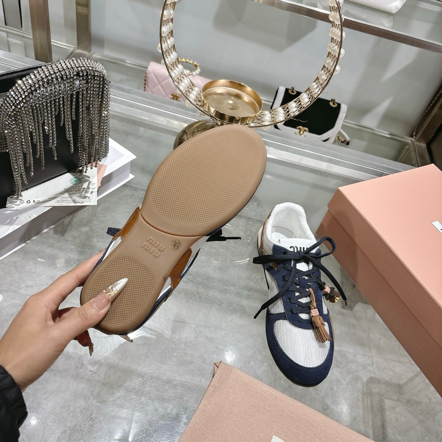 MIUMIU 26S LACE UP SNEAKERS IN NAVY BLUE SUEDE WHITE FABRIC CHARM DETAIL