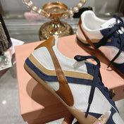 MIUMIU 26S LACE UP SNEAKERS IN NAVY BLUE SUEDE WHITE FABRIC CHARM DETAIL