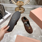 MIUMIU 26S MARY JANE FLATS IN DARK BROWN SUEDE ELASTIC STRAP