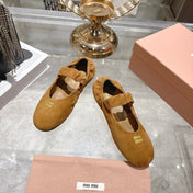 MIUMIU 26S MARY JANE FLATS IN BROWN SUEDE ELASTIC STRAP
