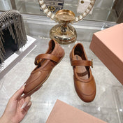 MIUMIU 26S MARY JANE FLATS IN CARAMEL BROWN CALFSKIN GOLD BUCKLE