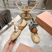 MIUMIU 26S SLINGBACK BALLET FLATS IN BEIGE CALFSKIN AND BROWN STRAP RIBBON