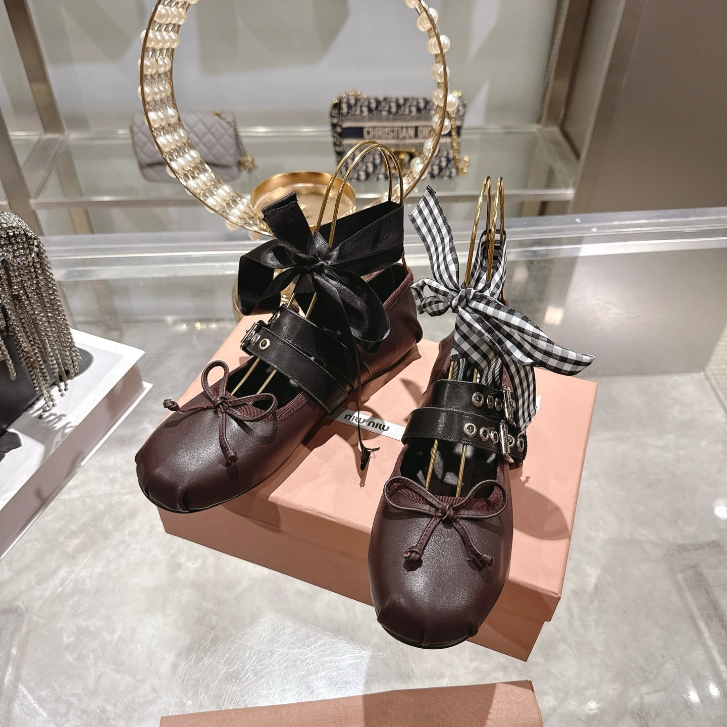 MIUMIU 26S SLINGBACK BALLET FLATS IN DARK BROWN CALFSKIN AND BLACK STRAP RIBBON