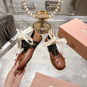 MIUMIU 26S SLINGBACK BALLET FLATS IN CARAMEL BROWN CALFSKIN AND BLACK STRAP RIBBON