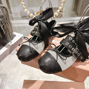 MIUMIU 26S SLINGBACK BALLET FLATS IN BLACK CALFSKIN AND BEIGE CANVAS RIBBON