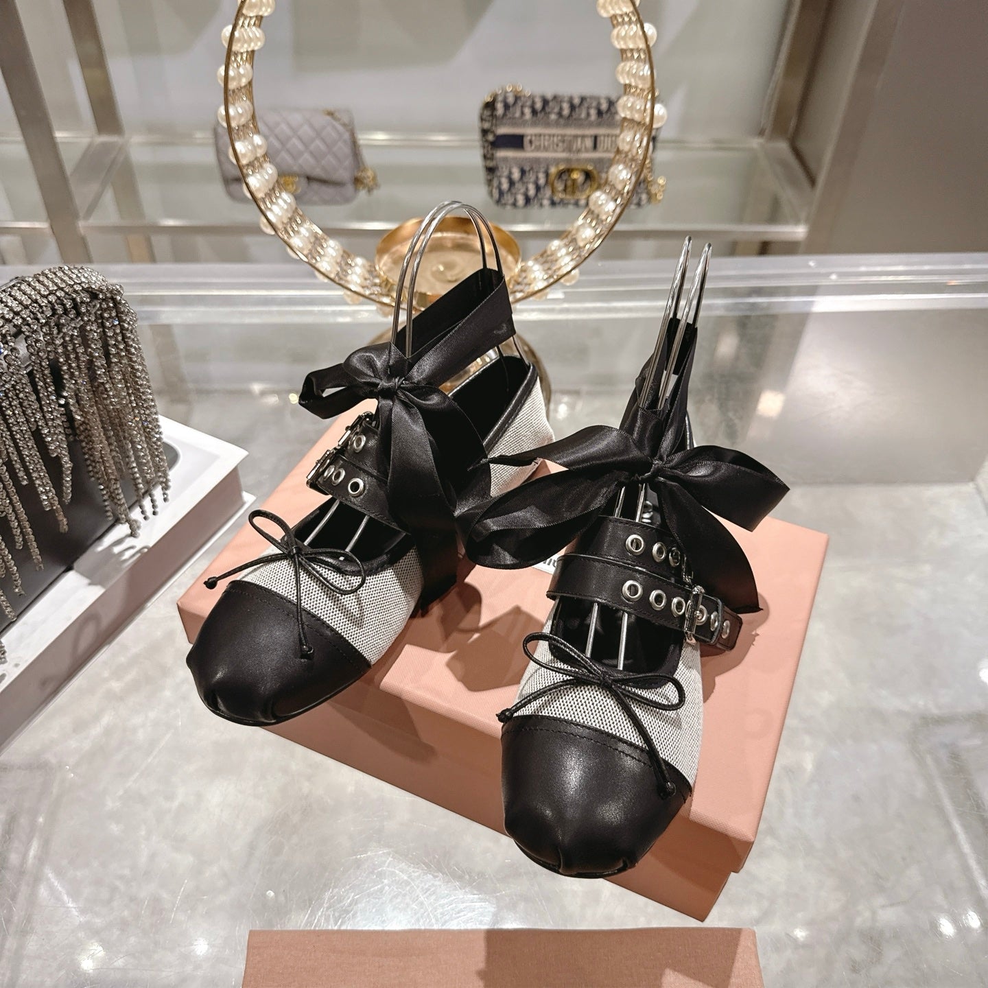 MIUMIU 26S SLINGBACK BALLET FLATS IN BLACK CALFSKIN AND BEIGE CANVAS RIBBON