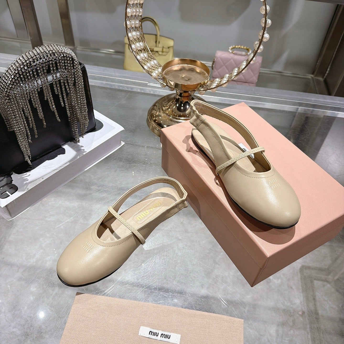 MIUMIU 26S MARY JANE FLATS IN BEIGE CALFSKIN