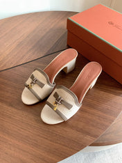 LP 26S SUMMER MULE HEELS 60MM IN BEIGE CANVAS AND TAUPE BROWN CALFSKIN GOLD HARDWARE