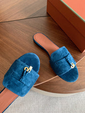LP 26S SUMMER CHARMS SLIDES IN DARK BLUE SUEDE GOLD HARDWARE