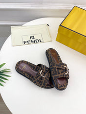 FENDI FLAT SLIPPER IN CHOCOLATE BROWN MONOGRAM JACQUARD FABRIC WITH GOLD HARDWARE