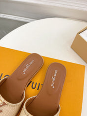 LV WOMEN CAPRI FLAT MULES IN CHOCOLATE BROWN LEATHER AND RAFFIA