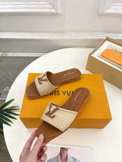 LV WOMEN CAPRI FLAT MULES IN CHOCOLATE BROWN LEATHER AND RAFFIA