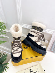 FENDI BOOTS 50MM IN BLACK AND BEIGE SHEARLING AND SUEDE