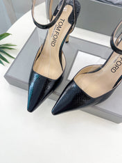 HIGH SLINGBACKS 10 CM IN BLACK SNAKE-PATTERN CALFSKIN