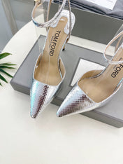 HIGH SLINGBACKS 10 CM IN SILVER SNAKE-PATTERN CALFSKIN
