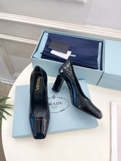SQUARE TOE HIGH PUMPS IN BLACK GLOSSY CALFSKIN