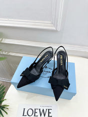 PRADA 26S POINTED-TOE SLINGBACK HEELS 75MM IN BLACK MESH WITH BLACK BOW
