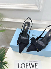 PRADA 26S POINTED-TOE SLINGBACK HEELS 75MM IN BLACK MESH WITH BLACK BOW