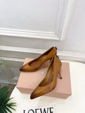 MIUMIU 26S POINTED TOE HIGH HEELS 85MM IN BROWN COGNAC CALFSKIN