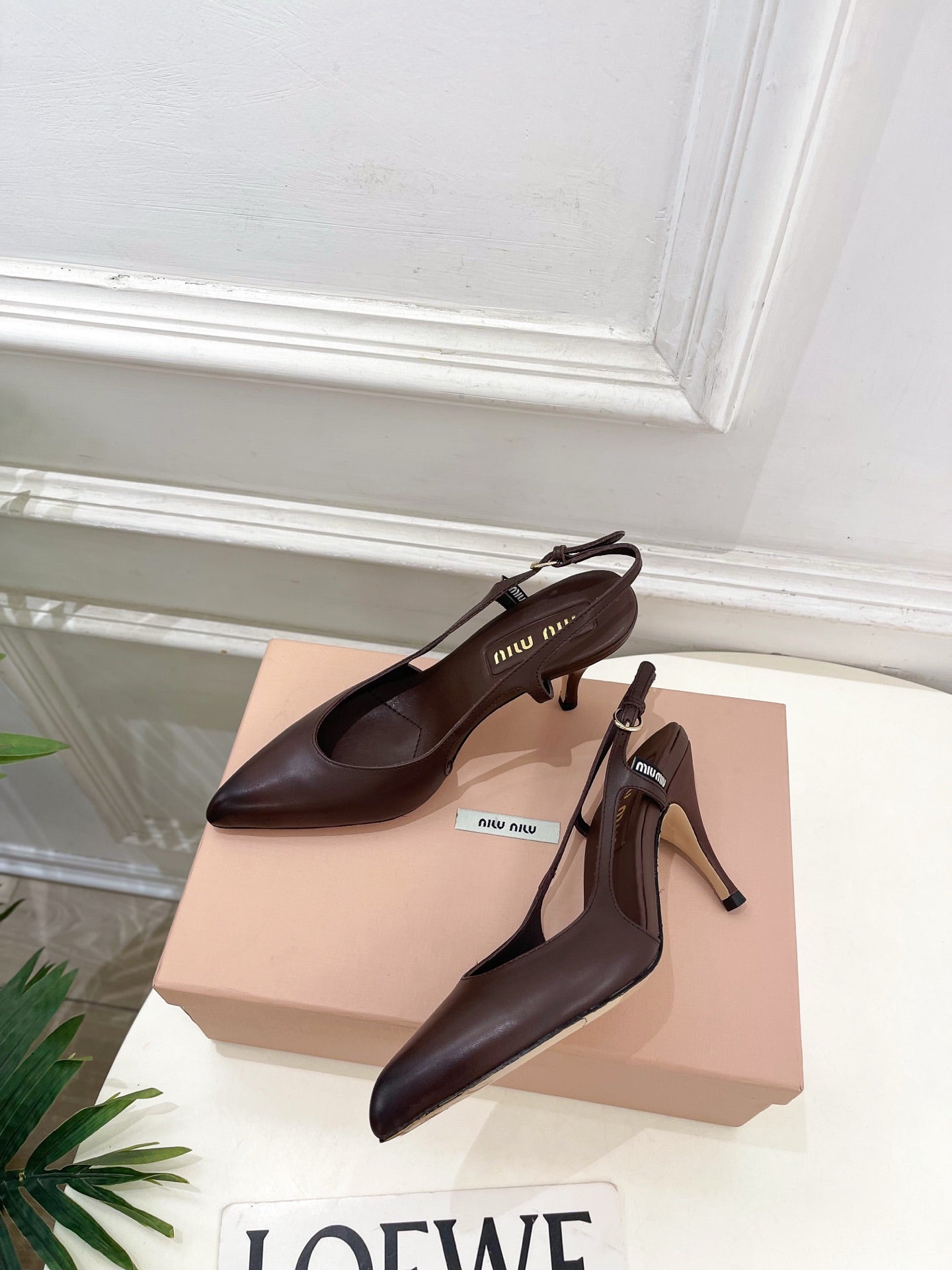 MIUMIU 26S SLINGBACK PUMPS 85MM IN CHOCOLATE BROWN CALFSKIN