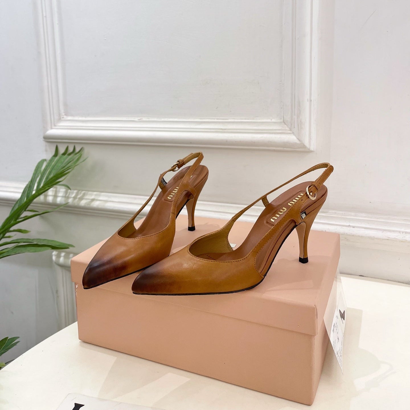 MIUMIU 26S SLINGBACK PUMPS 85MM IN BROWN COGNAC CALFSKIN