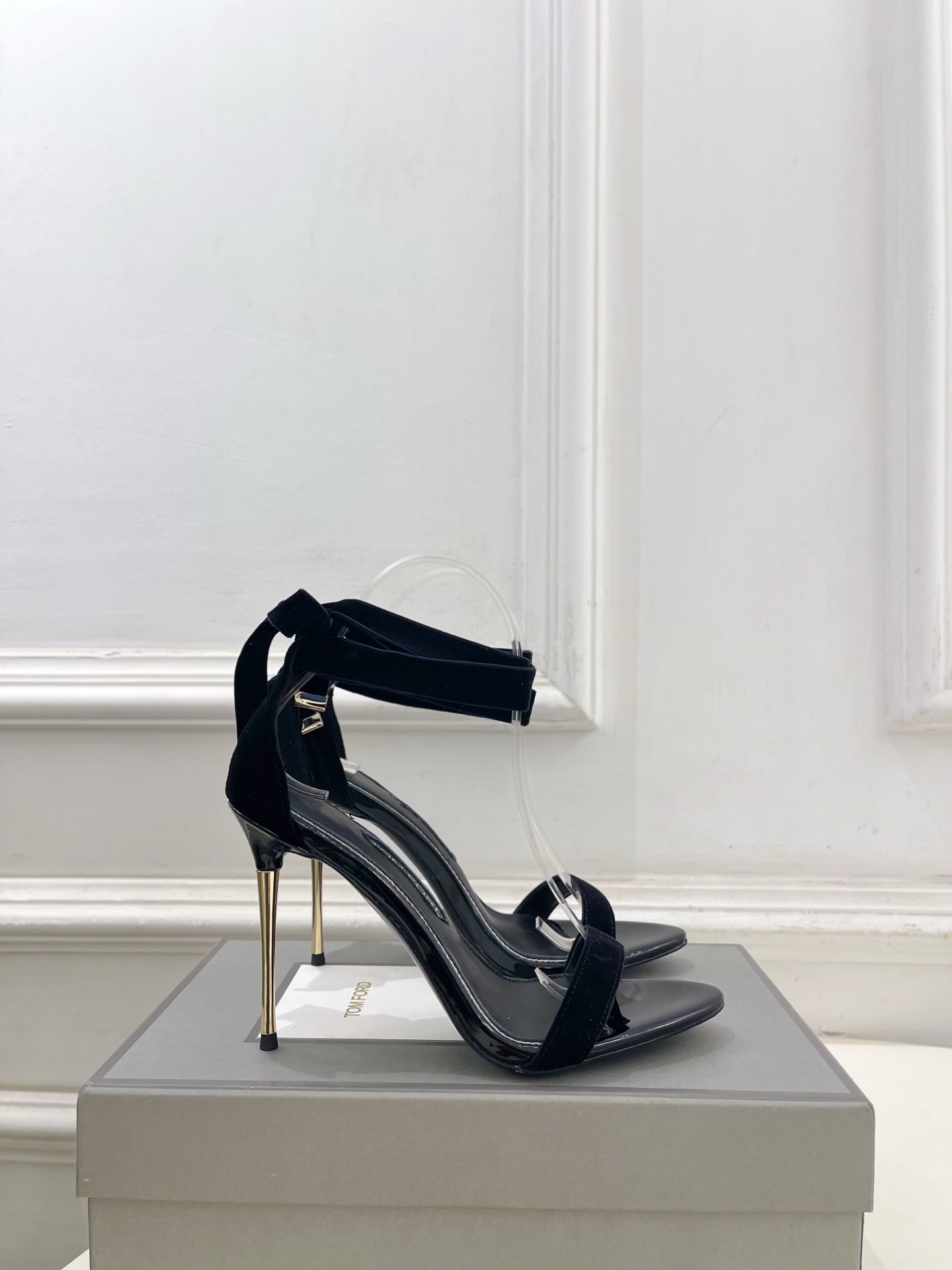 TOM FORD 26S HIGH-HEELED SANDALS 105 MM IN BLACK FABRIC AND CALFSKIN