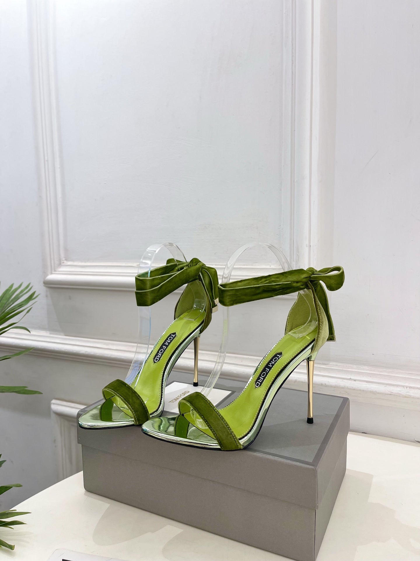 TOM FORD 26S HIGH-HEELED SANDALS 105 MM IN GREEN FABRIC AND CALFSKIN