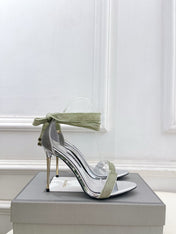 TOM FORD 26S HIGH-HEELED SANDALS 105 MM IN LIGHT GREEN FABRIC AND SILVER CALFSKIN