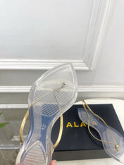ALAIA 26S POINTED-TOE THONG SANDALS IN GOLD AND TRANSPARENT PVC